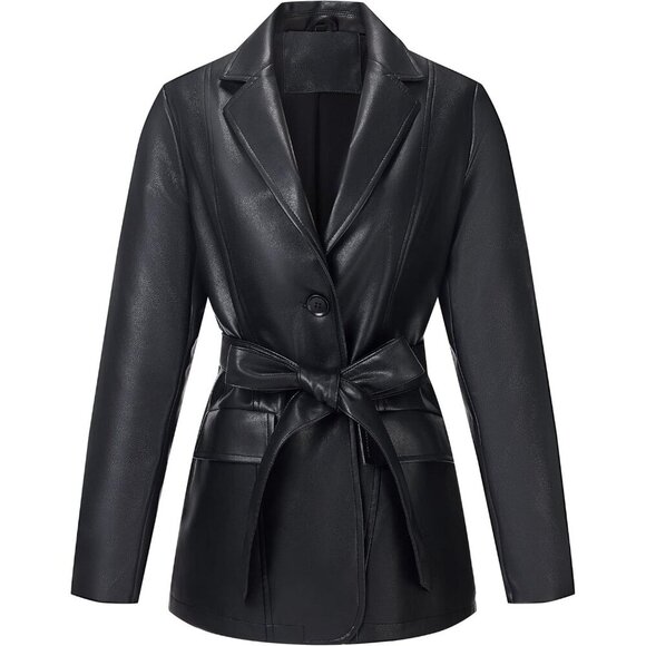 Jackets & Blazers - Women Black Leather Blazer Jacket Vegan leather Lapel Button Down Casual Coat